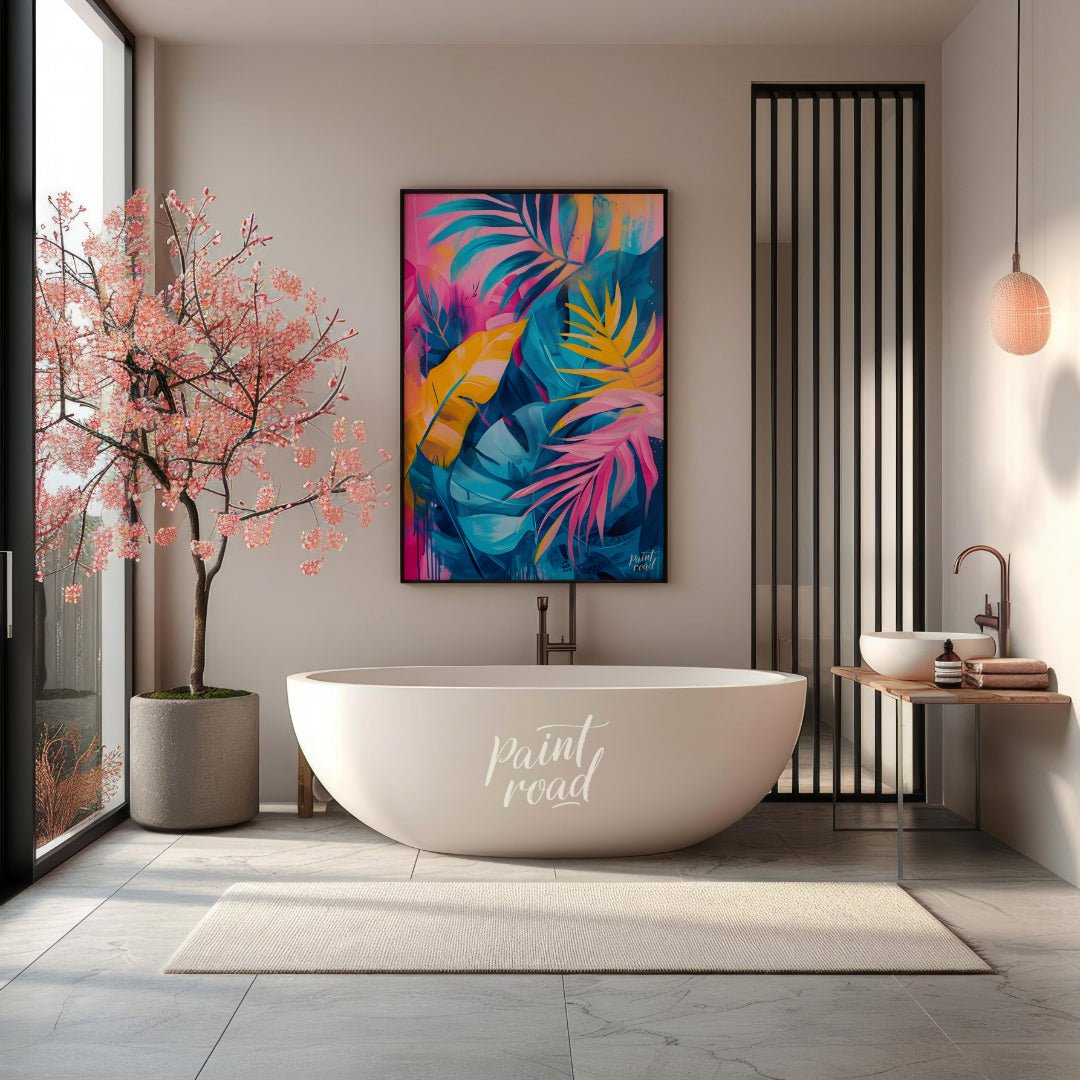 This vibrant artwork explodes with the lush energy of tropical foliage, rendered in a striking pale… for bathroom