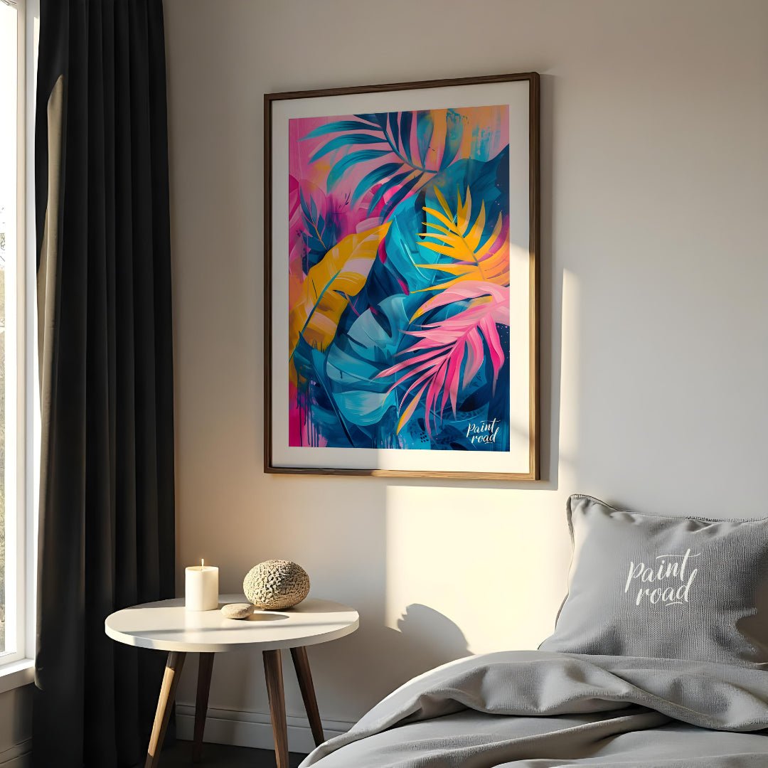 This vibrant artwork explodes with the lush energy of tropical foliage, rendered in a striking pale… for bedroom