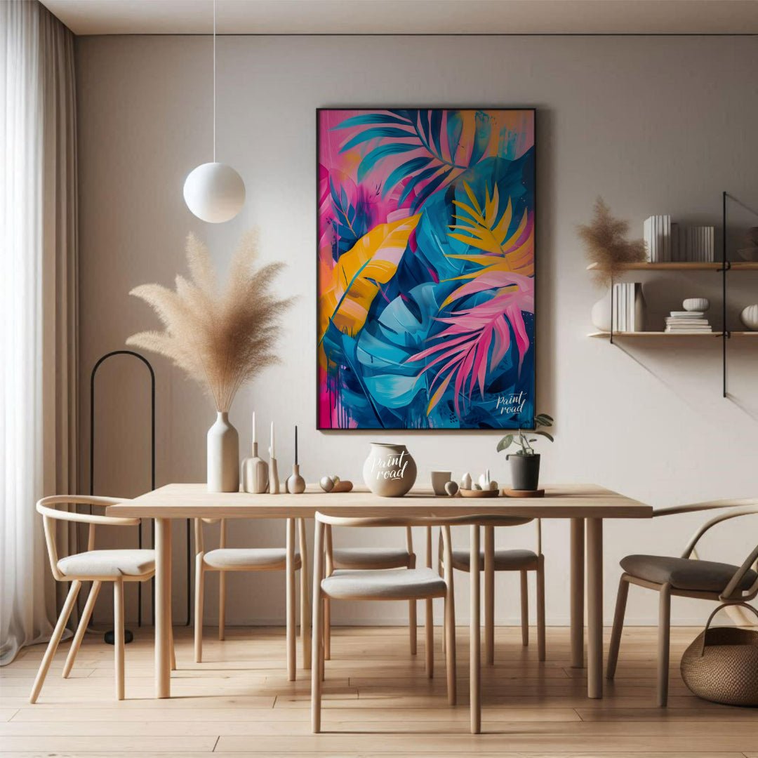 This vibrant artwork explodes with the lush energy of tropical foliage, rendered in a striking pale… for dining room