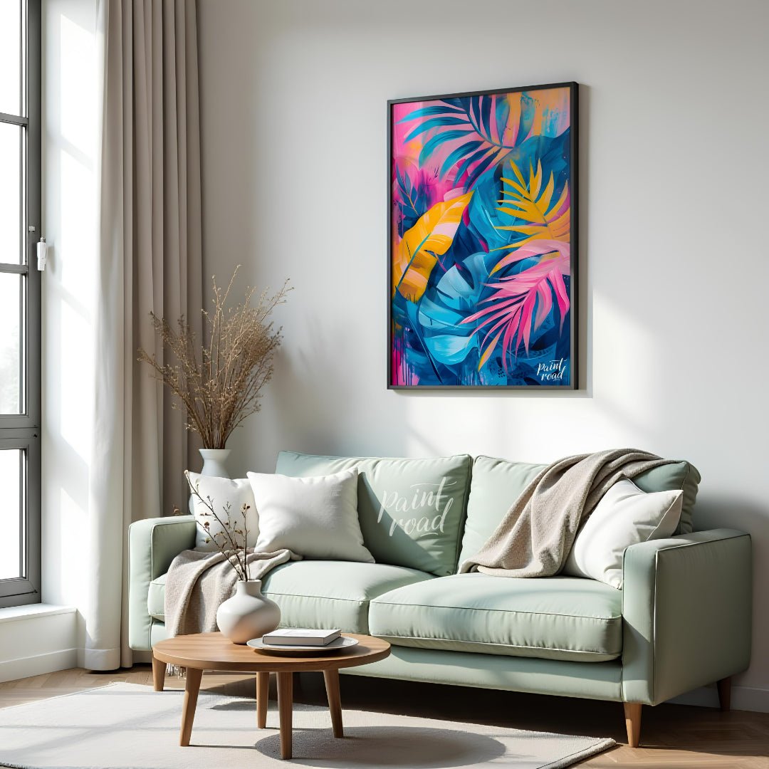 This vibrant artwork explodes with the lush energy of tropical foliage, rendered in a striking pale… for living room
