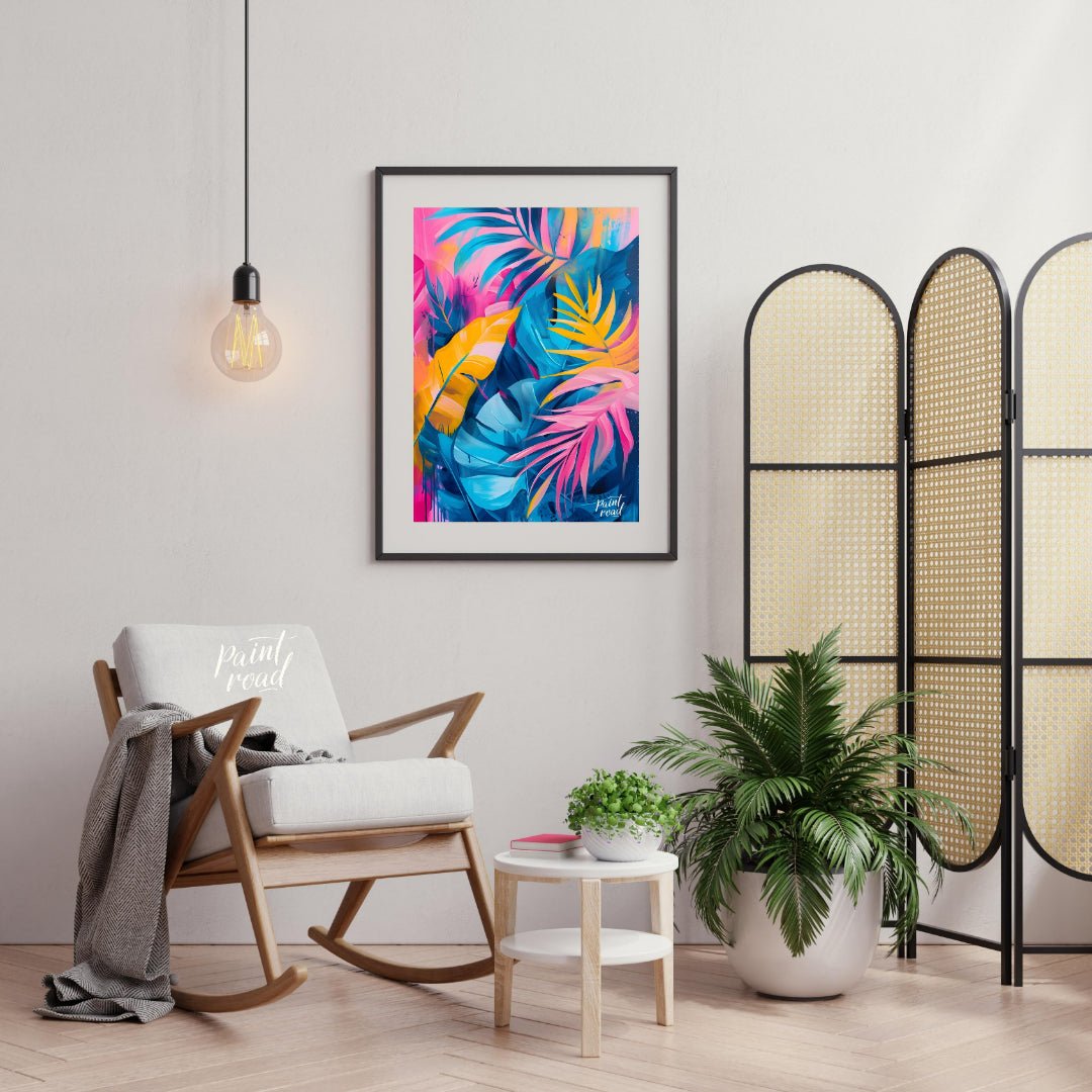 This vibrant artwork explodes with the lush energy of tropical foliage, rendered in a striking pale… for living room