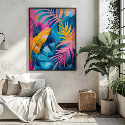 This vibrant artwork explodes with the lush energy of tropical foliage, rendered in a striking pale… for living room