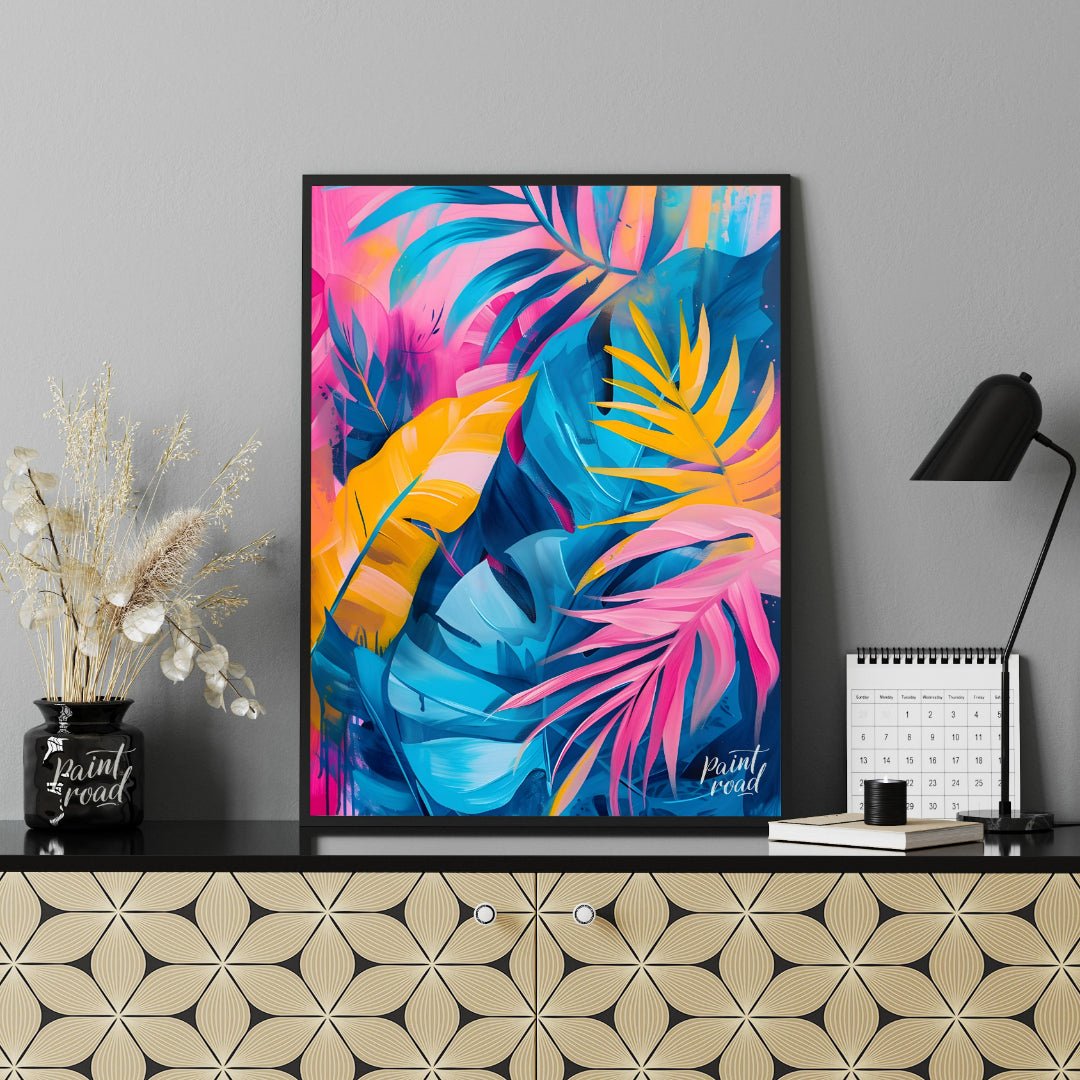This vibrant artwork explodes with the lush energy of tropical foliage, rendered in a striking pale… for office