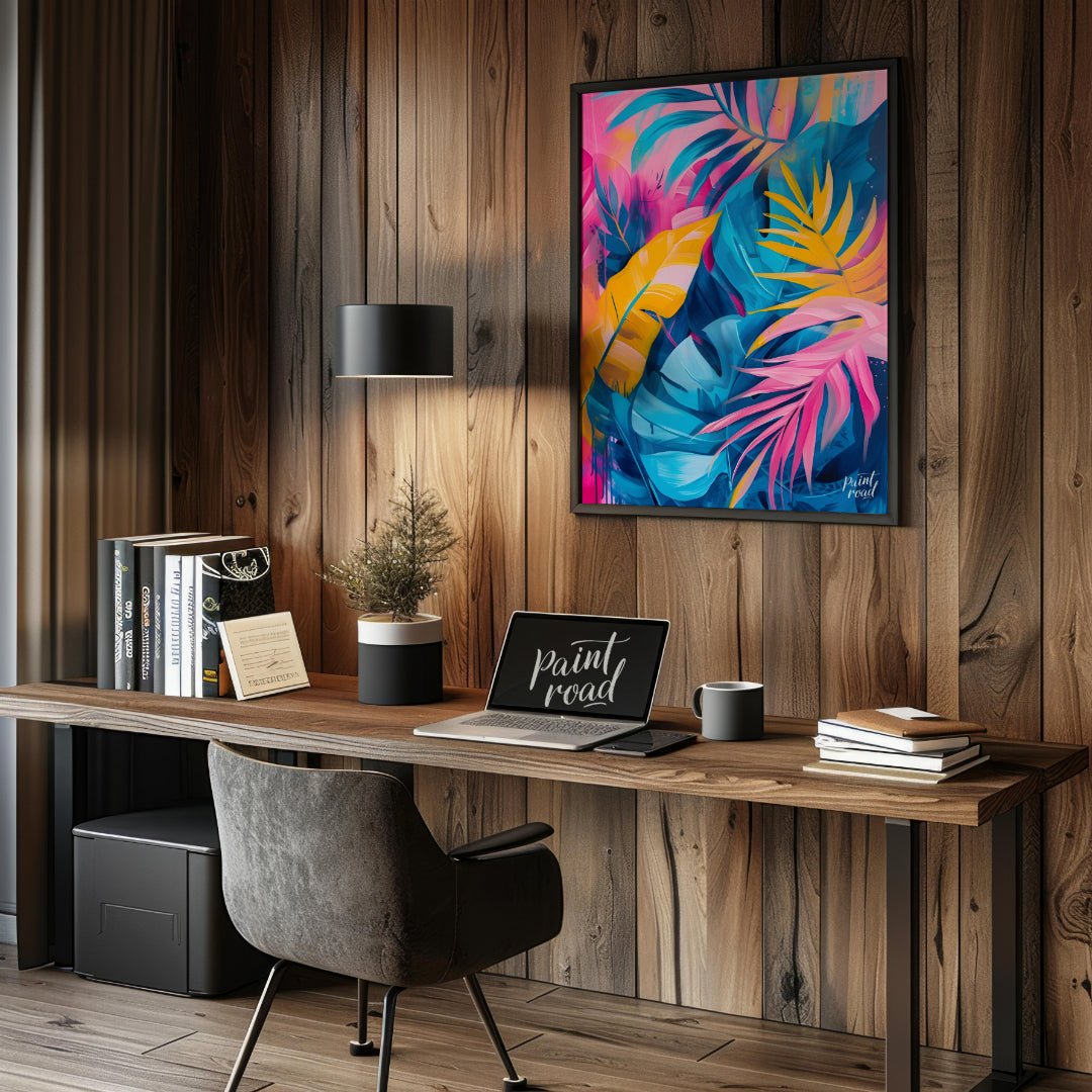 This vibrant artwork explodes with the lush energy of tropical foliage, rendered in a striking pale… for office