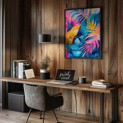 This vibrant artwork explodes with the lush energy of tropical foliage, rendered in a striking pale… for office