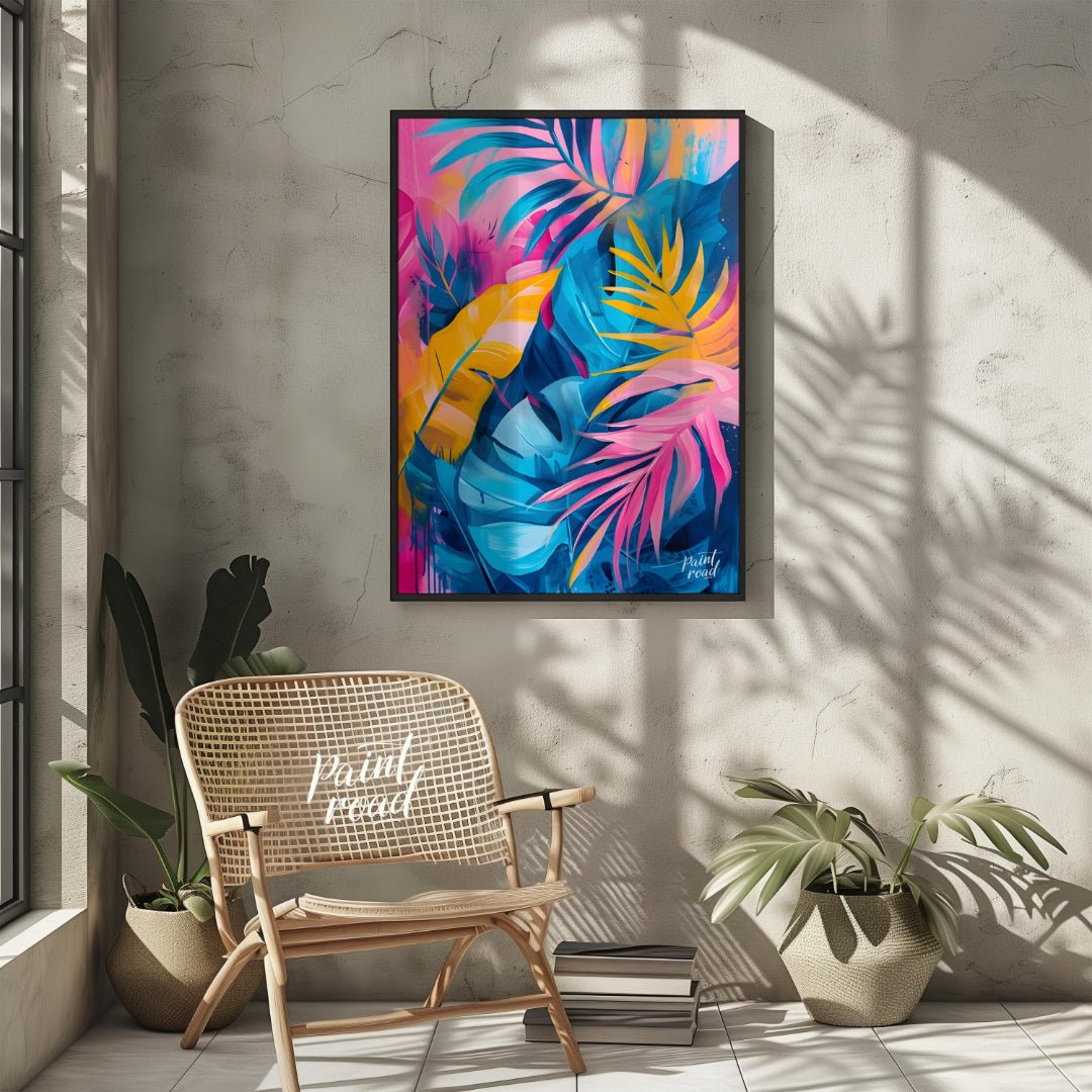 This vibrant artwork explodes with the lush energy of tropical foliage, rendered in a striking pale… for other