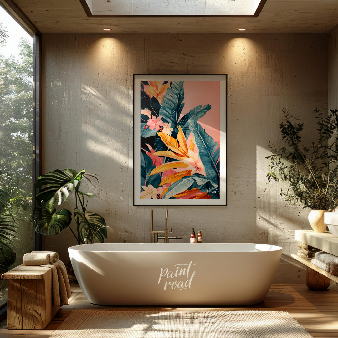 This artwork showcases a lush cascade of tropical leaves and flowers, rendered in a striking palett… for bathroom
