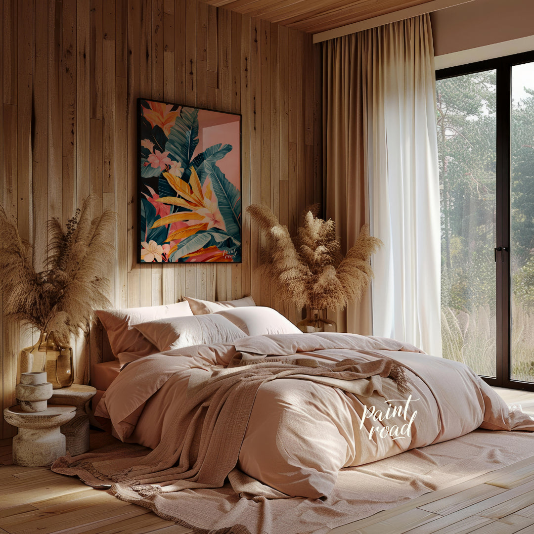 This artwork showcases a lush cascade of tropical leaves and flowers, rendered in a striking palett… for bedroom