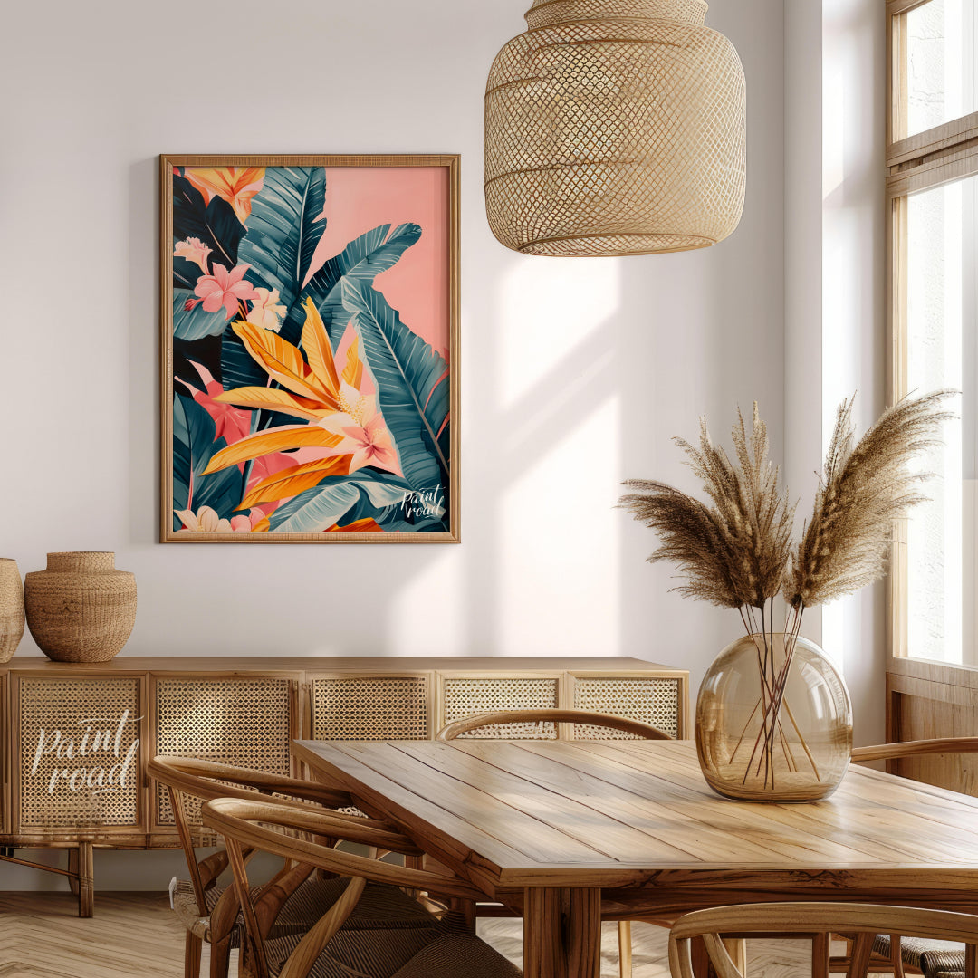 This artwork showcases a lush cascade of tropical leaves and flowers, rendered in a striking palett… for dining room