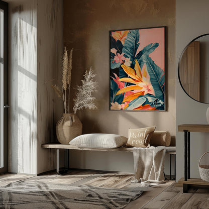 This artwork showcases a lush cascade of tropical leaves and flowers, rendered in a striking palett… for entryway