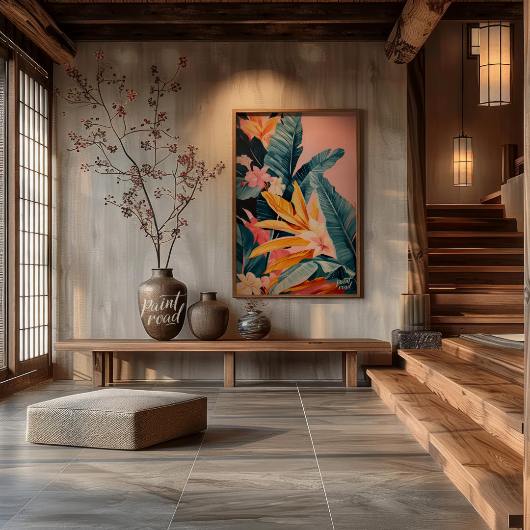 This artwork showcases a lush cascade of tropical leaves and flowers, rendered in a striking palett… for entryway