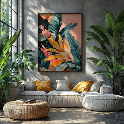 This artwork showcases a lush cascade of tropical leaves and flowers, rendered in a striking palett… for living room