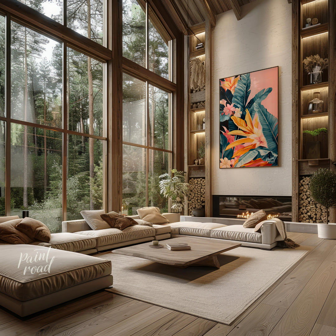 This artwork showcases a lush cascade of tropical leaves and flowers, rendered in a striking palett… for living room