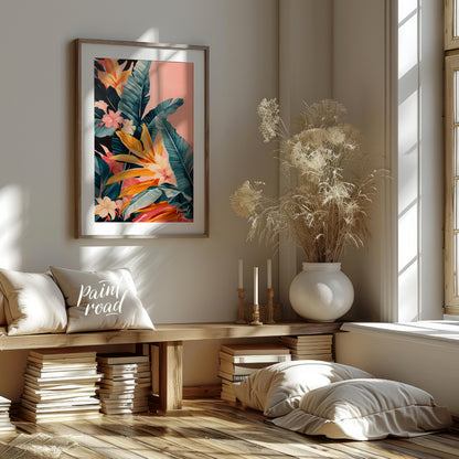 This artwork showcases a lush cascade of tropical leaves and flowers, rendered in a striking palett… for living room