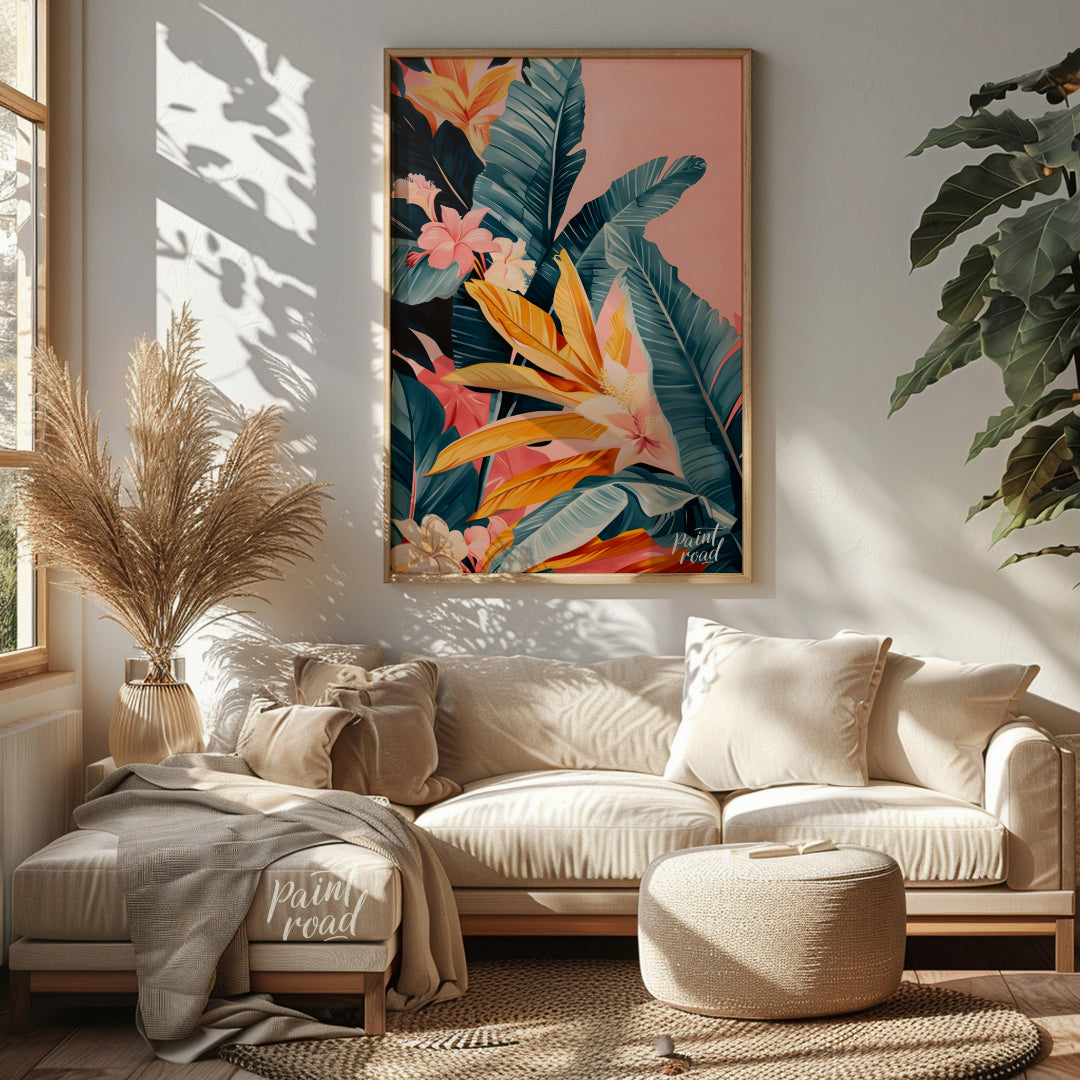 This artwork showcases a lush cascade of tropical leaves and flowers, rendered in a striking palett… for living room