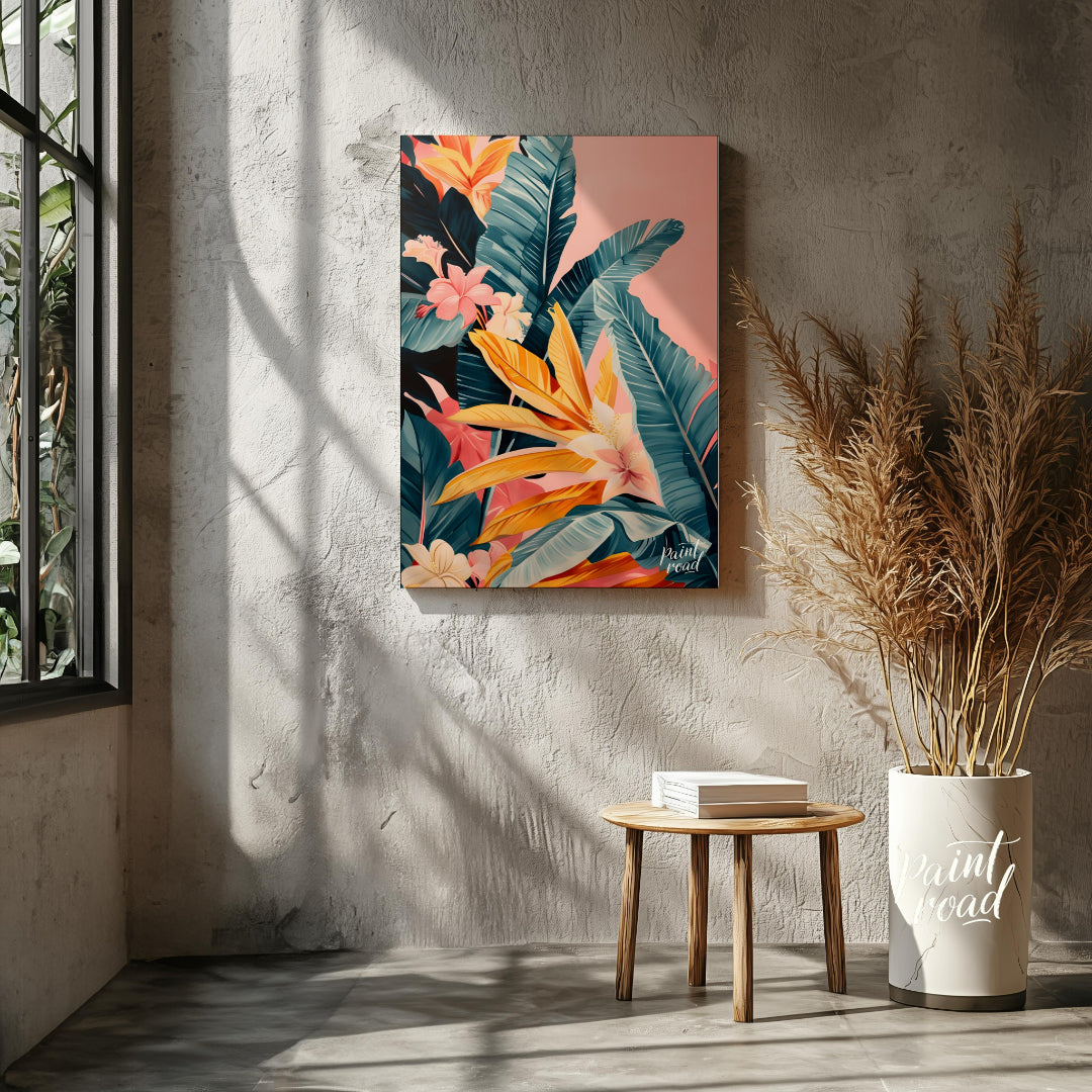 This artwork showcases a lush cascade of tropical leaves and flowers, rendered in a striking palett… for living room