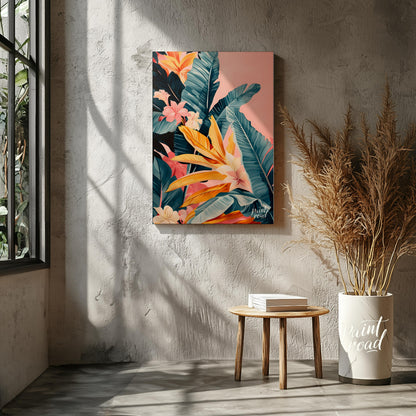 This artwork showcases a lush cascade of tropical leaves and flowers, rendered in a striking palett… for living room