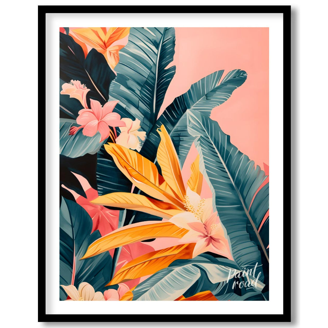 This artwork showcases a lush cascade of tropical leaves and flowers, rendered in a striking palett… for lovely house