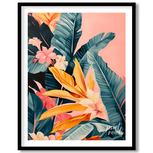 This artwork showcases a lush cascade of tropical leaves and flowers, rendered in a striking palett… for lovely house