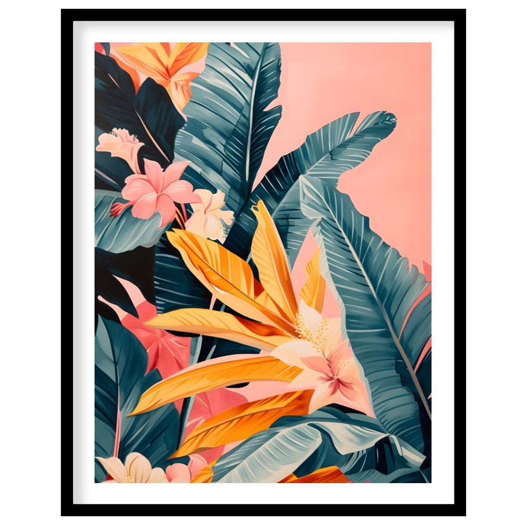 This artwork showcases a lush cascade of tropical leaves and flowers, rendered in a striking palett… for lovely house