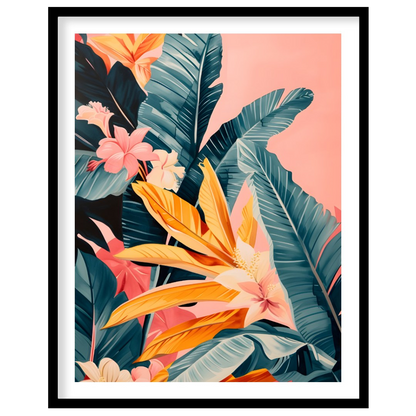 This artwork showcases a lush cascade of tropical leaves and flowers, rendered in a striking palett… for lovely house