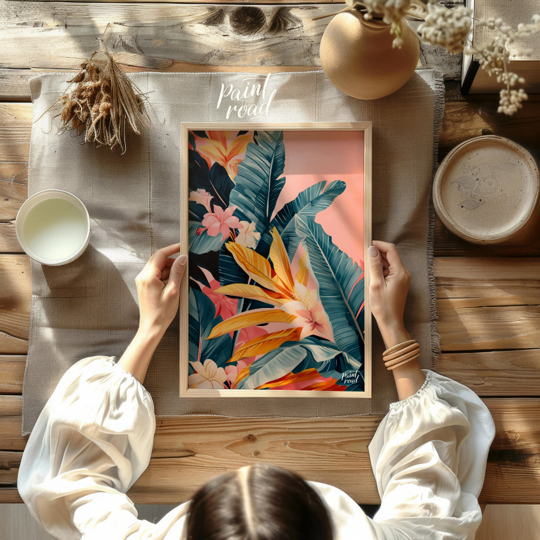 This artwork showcases a lush cascade of tropical leaves and flowers, rendered in a striking palett… for other