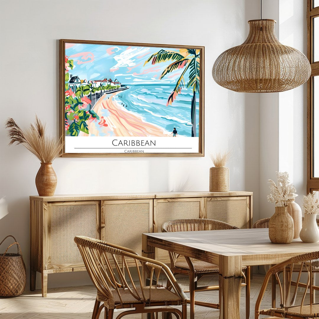 Evoke the essence of a sun-drenched Caribbean coastline with this vibrant wall art. Featuring palm for Dining