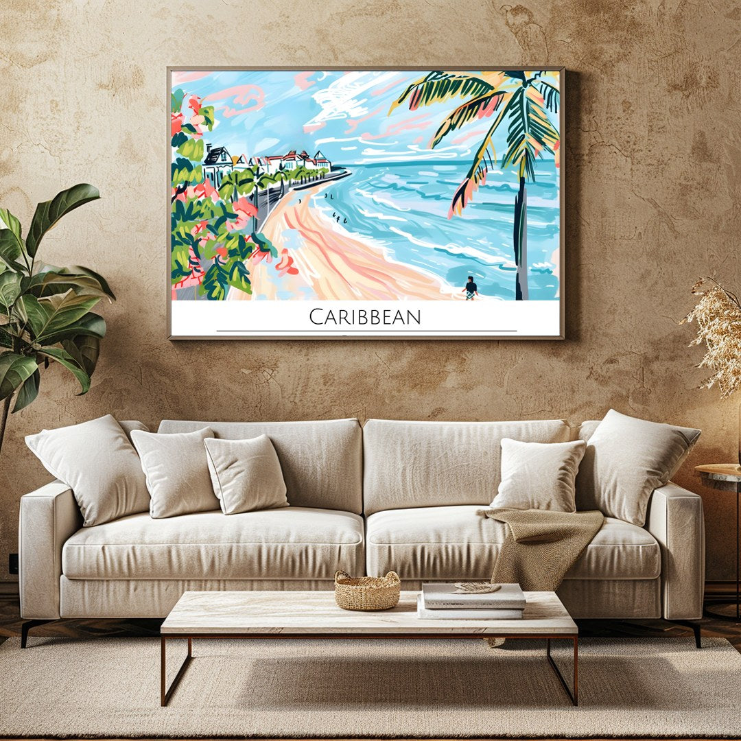 Evoke the essence of a sun-drenched Caribbean coastline with this vibrant wall art. Featuring palm for Family Room