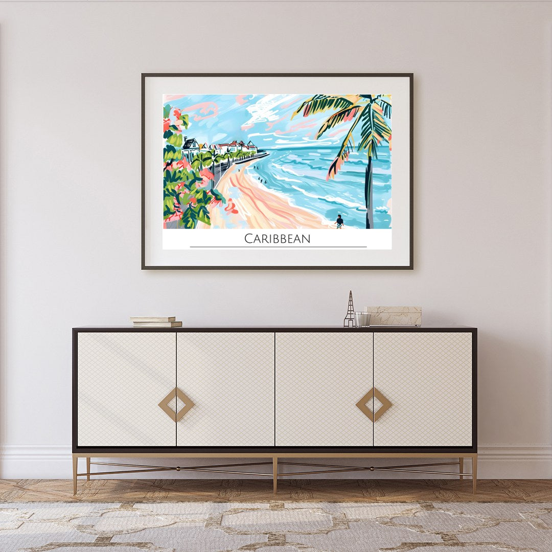 Evoke the essence of a sun-drenched Caribbean coastline with this vibrant wall art. Featuring palm for Foyer