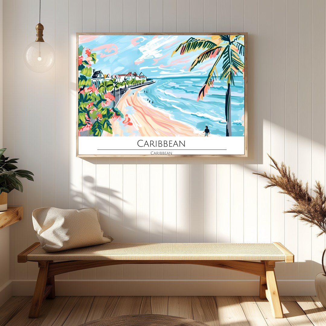 Evoke the essence of a sun-drenched Caribbean coastline with this vibrant wall art. Featuring palm for Hallway