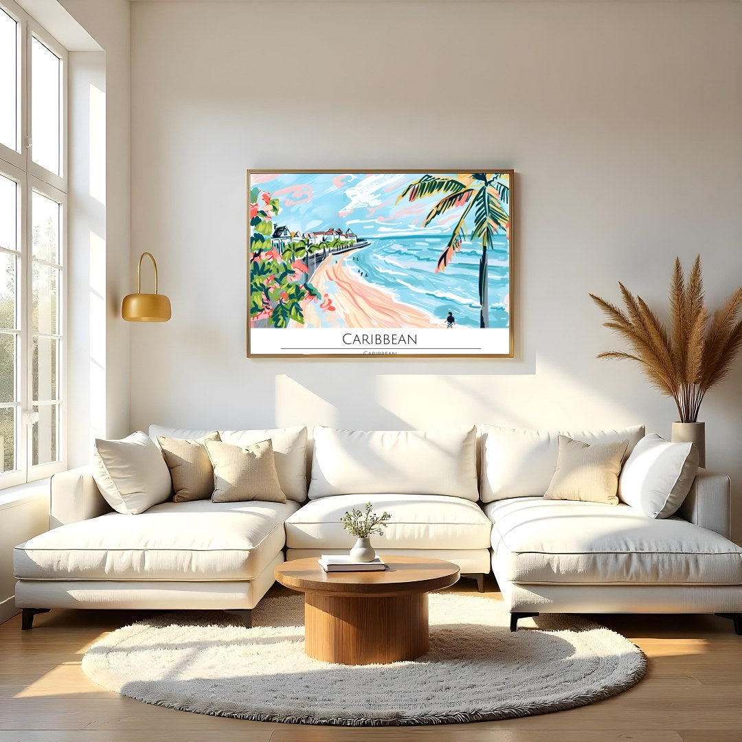 Evoke the essence of a sun-drenched Caribbean coastline with this vibrant wall art. Featuring palm for Living Room