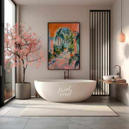 This vibrant painting captures a sun-drenched tropical courtyard, framed by an arched passageway le… for bathroom