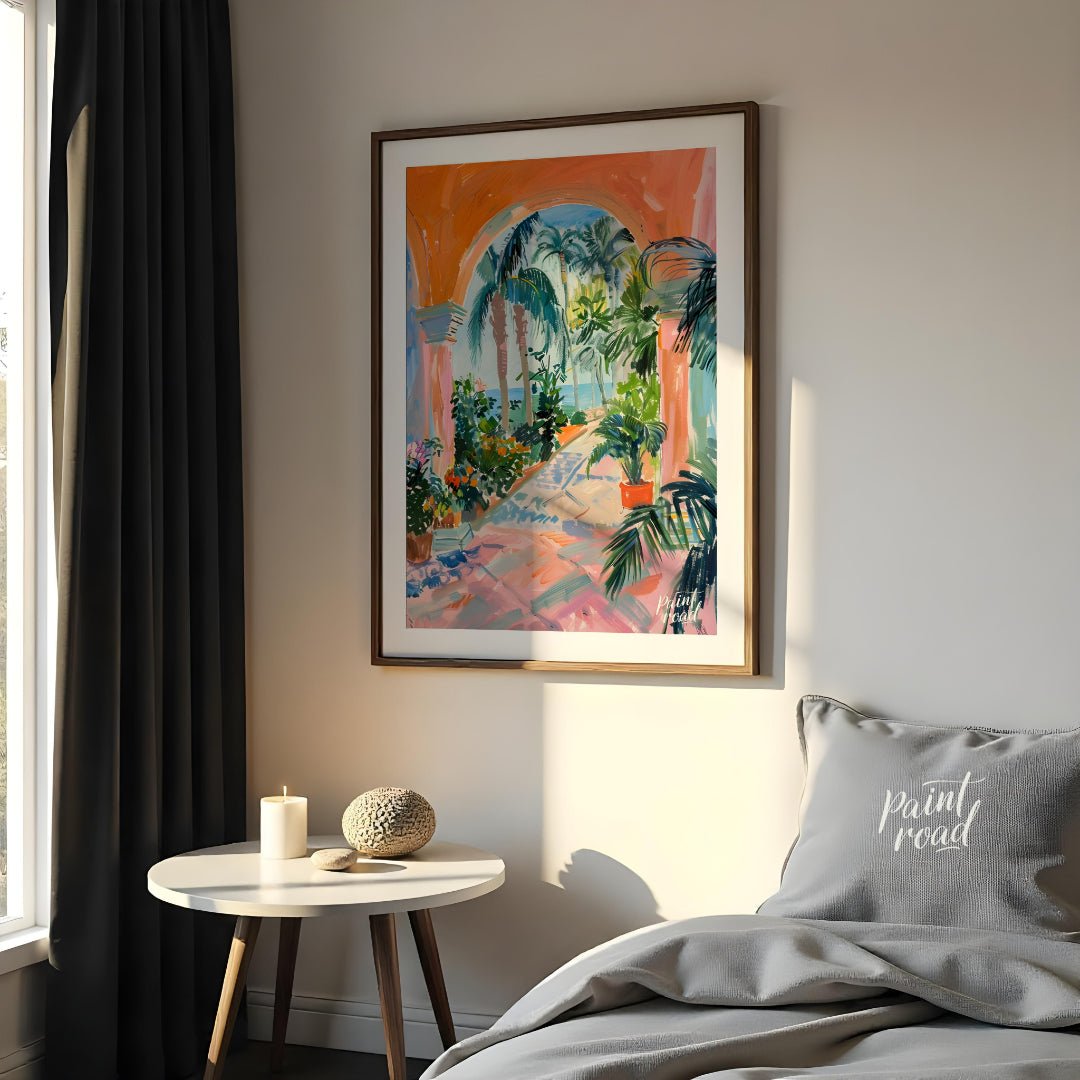 This vibrant painting captures a sun-drenched tropical courtyard, framed by an arched passageway le… for bedroom