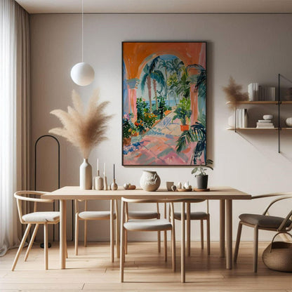 This vibrant painting captures a sun-drenched tropical courtyard, framed by an arched passageway le… for dining room