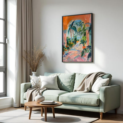 This vibrant painting captures a sun-drenched tropical courtyard, framed by an arched passageway le… for living room