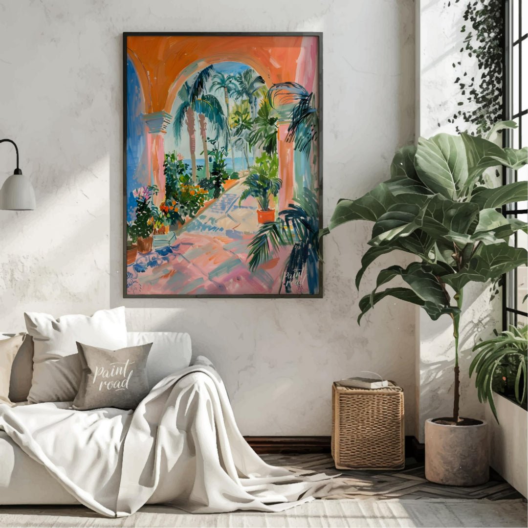 This vibrant painting captures a sun-drenched tropical courtyard, framed by an arched passageway le… for living room