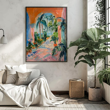 This vibrant painting captures a sun-drenched tropical courtyard, framed by an arched passageway le… for living room