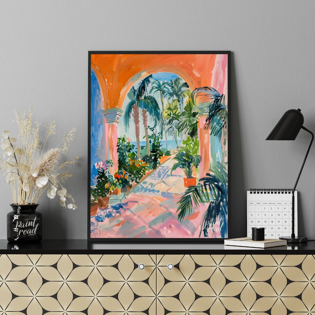 This vibrant painting captures a sun-drenched tropical courtyard, framed by an arched passageway le… for office