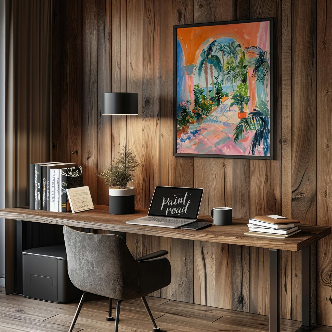 This vibrant painting captures a sun-drenched tropical courtyard, framed by an arched passageway le… for office