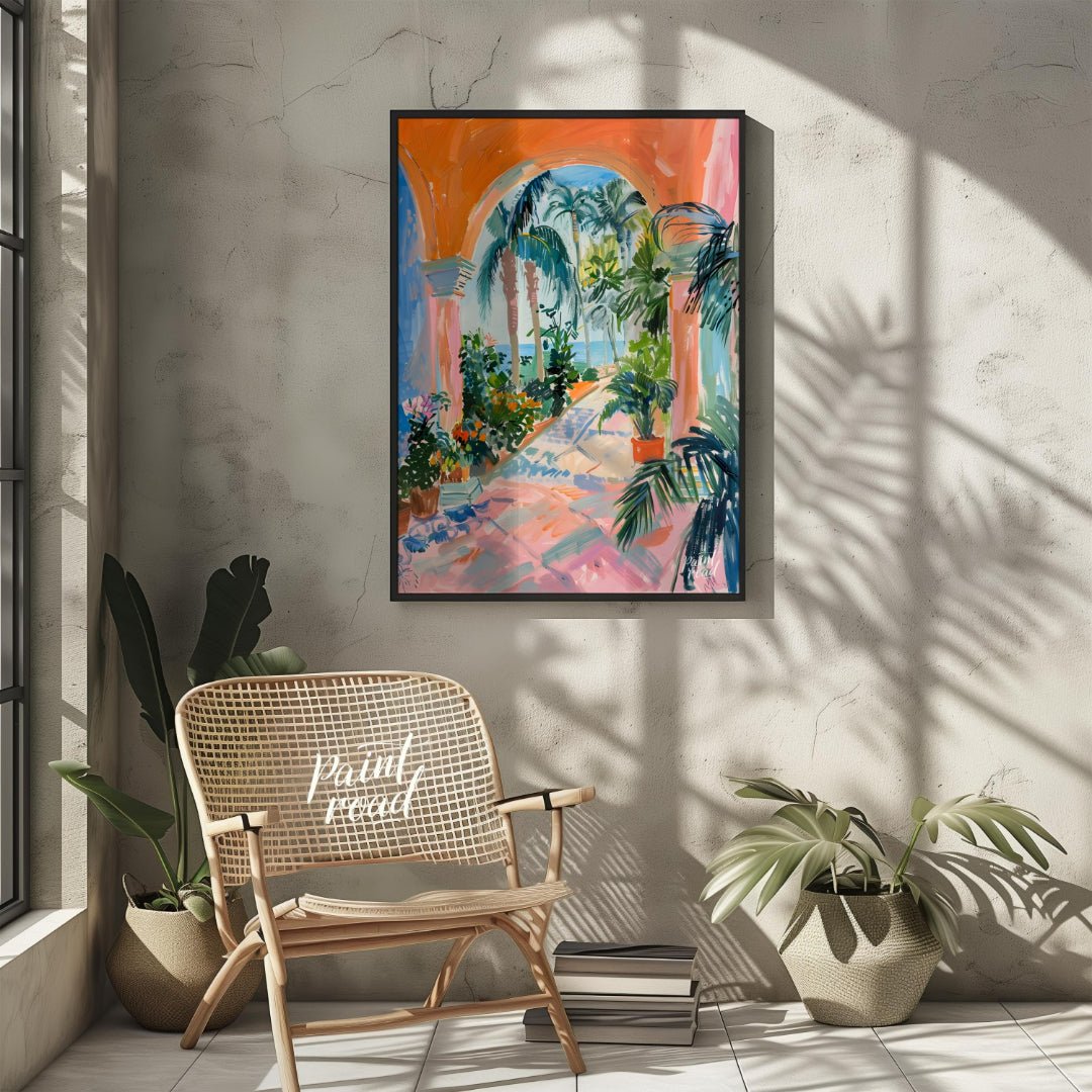 This vibrant painting captures a sun-drenched tropical courtyard, framed by an arched passageway le… for other