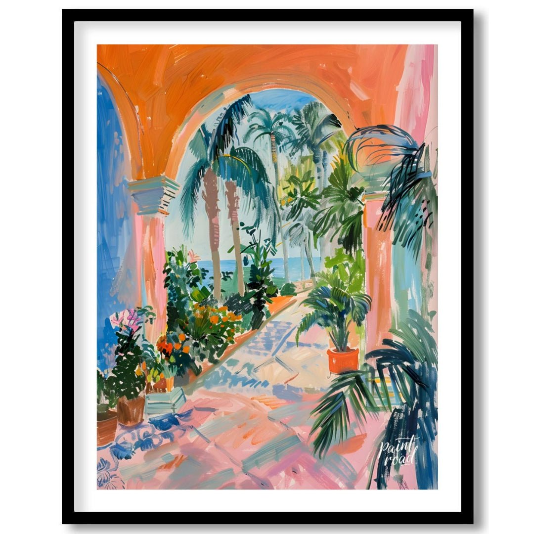 This vibrant painting captures a sun-drenched tropical courtyard, framed by an arched passageway le… for place
