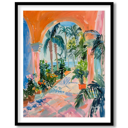 This vibrant painting captures a sun-drenched tropical courtyard, framed by an arched passageway le… for place