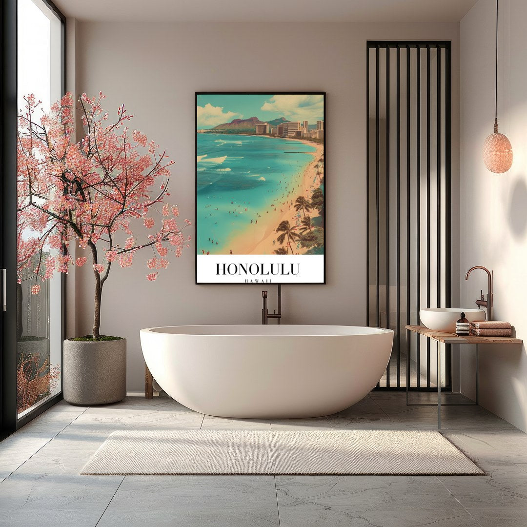 Immerse yourself in the vibrant allure of Waikiki Beach with this striking artwork, capturing the for Bathroom