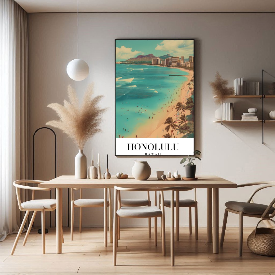 Immerse yourself in the vibrant allure of Waikiki Beach with this striking artwork, capturing the for Dining