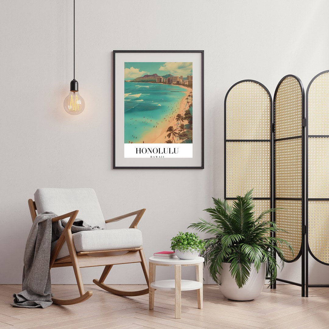 Immerse yourself in the vibrant allure of Waikiki Beach with this striking artwork, capturing the for Foyer