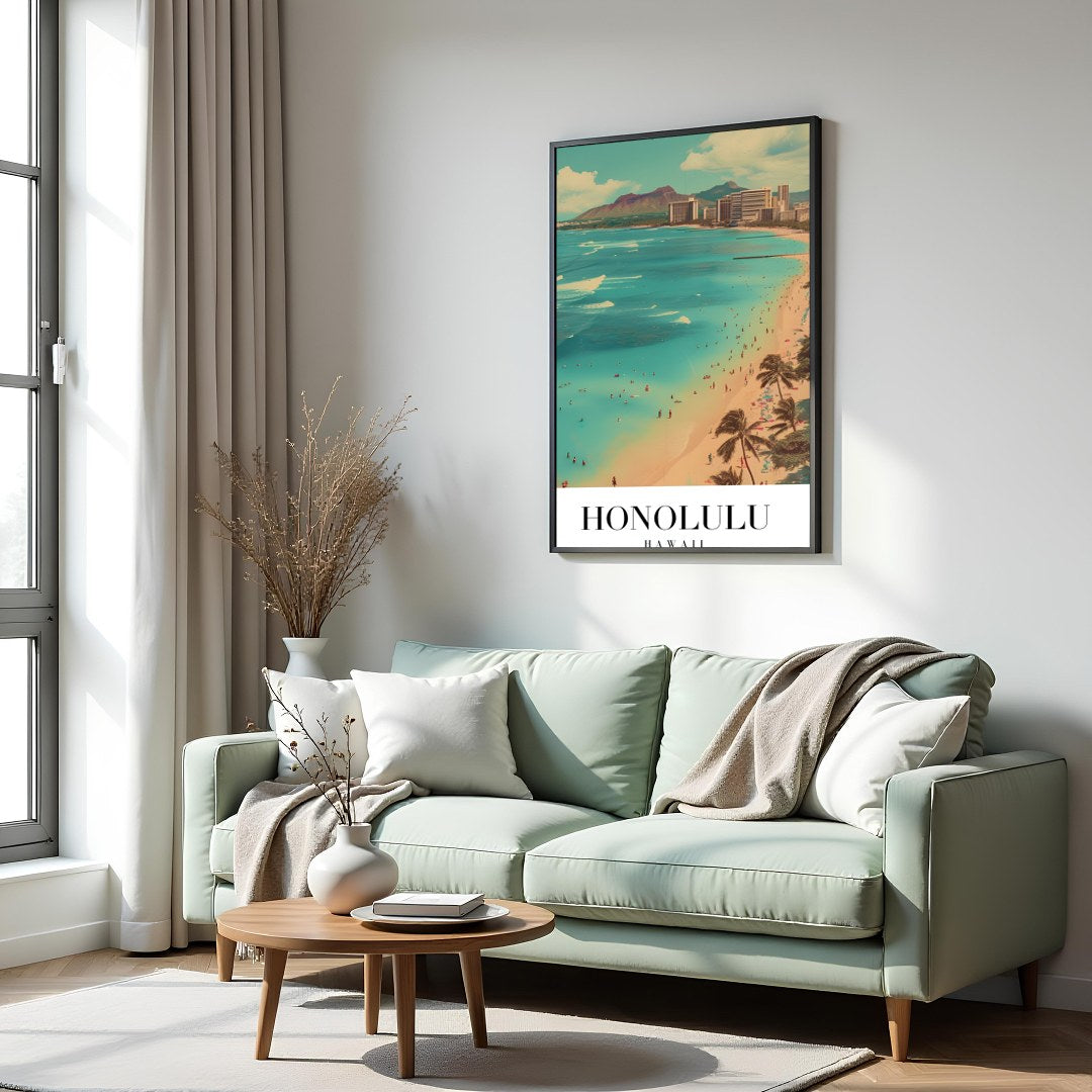 Immerse yourself in the vibrant allure of Waikiki Beach with this striking artwork, capturing the for Hall