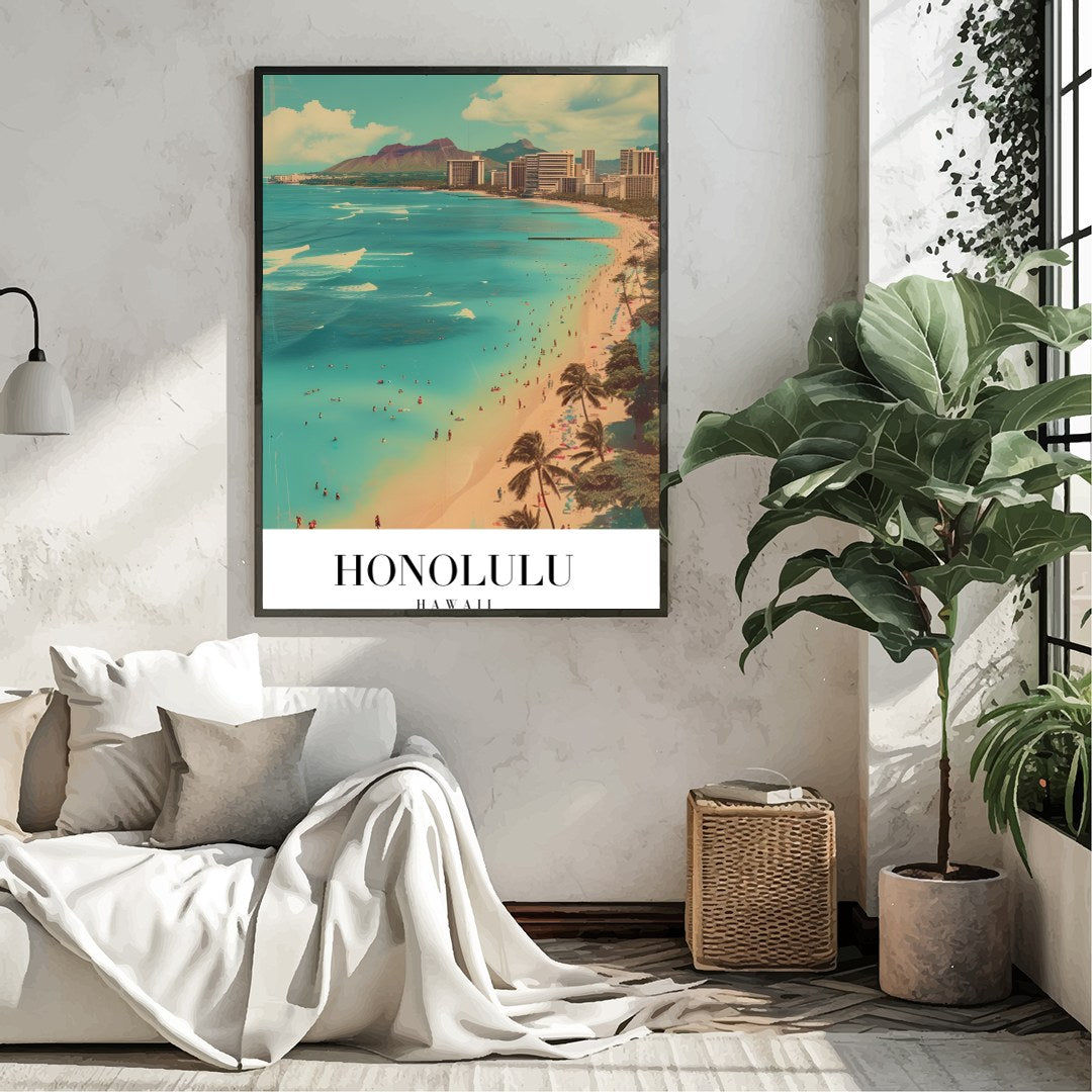 Immerse yourself in the vibrant allure of Waikiki Beach with this striking artwork, capturing the for Living Room
