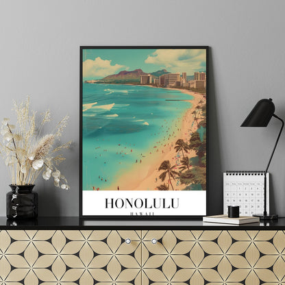 Immerse yourself in the vibrant allure of Waikiki Beach with this striking artwork, capturing the for Shelf