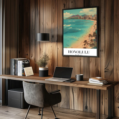 Immerse yourself in the vibrant allure of Waikiki Beach with this striking artwork, capturing the for Study and Office