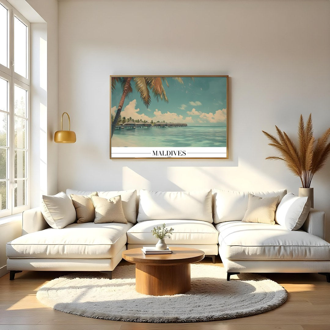 Immerse yourself in the serene beauty of this tropical paradise, showcasing overwater bungalows set for Living Room